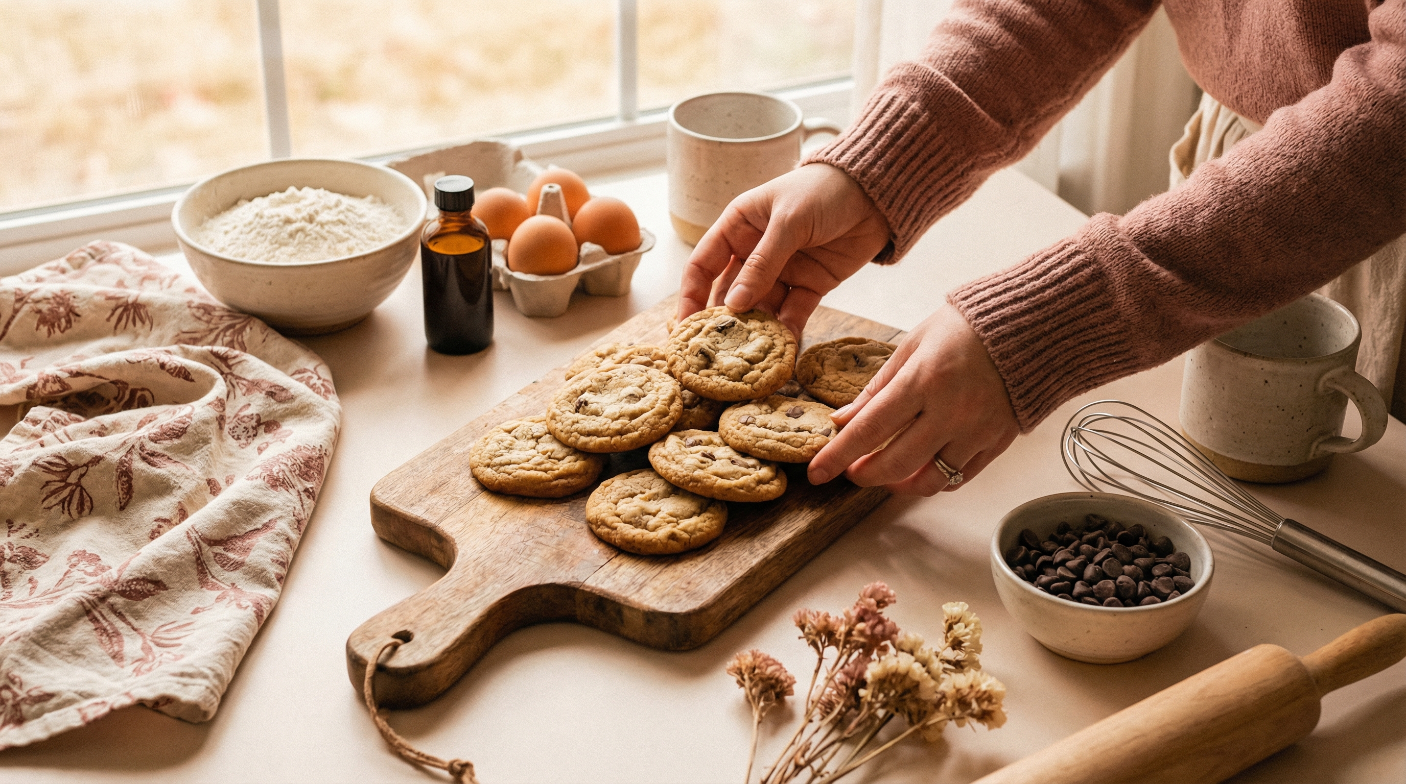 Home baker arranging fresh-baked cookies with ingredients